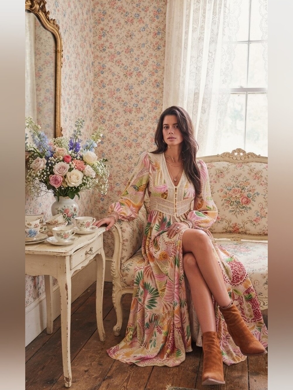 Boho Floral Maxi Dress in Pastel Pink & Green